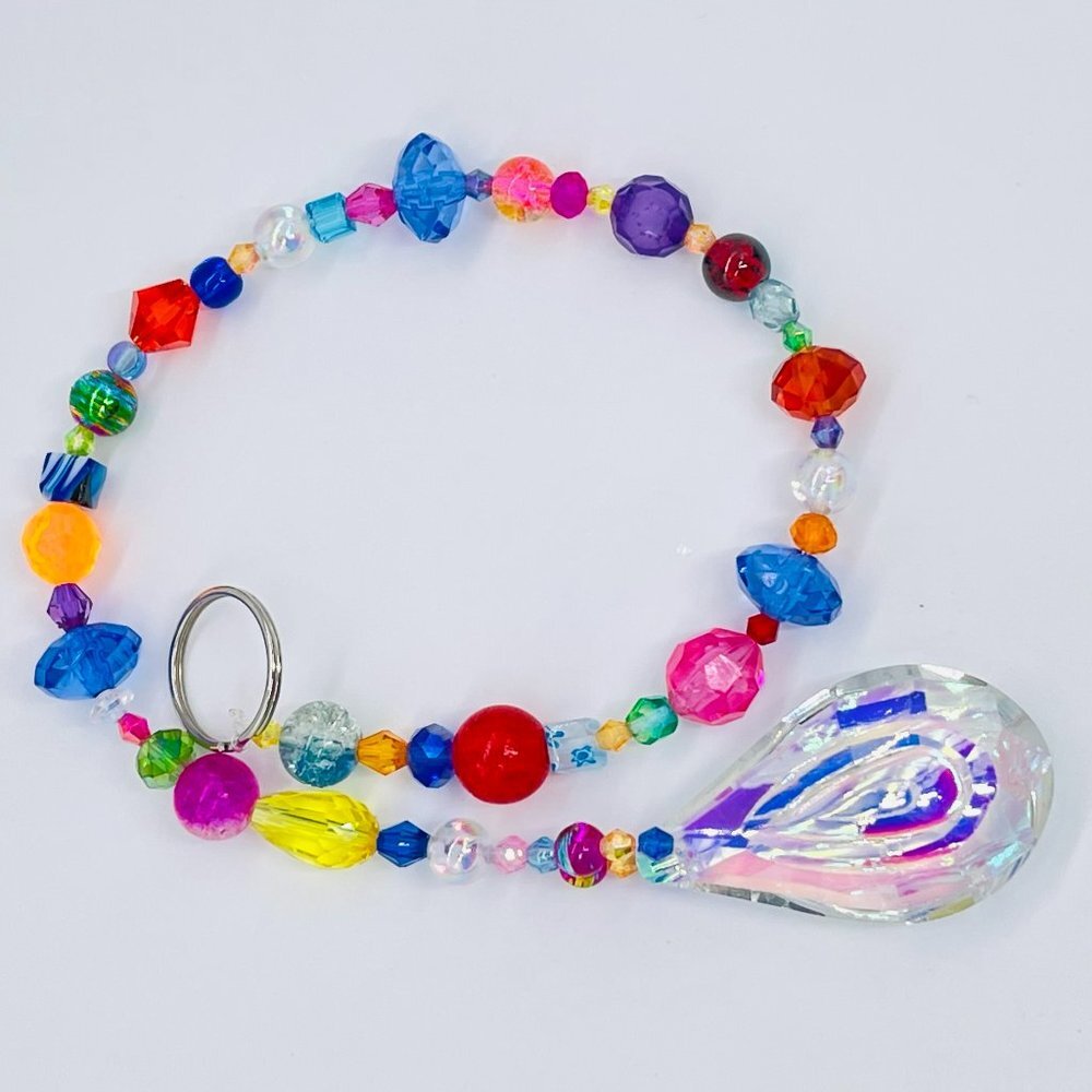 Beaded Suncatcher -  Multicolored - Clear Crystal Prism - Hanging Decor
